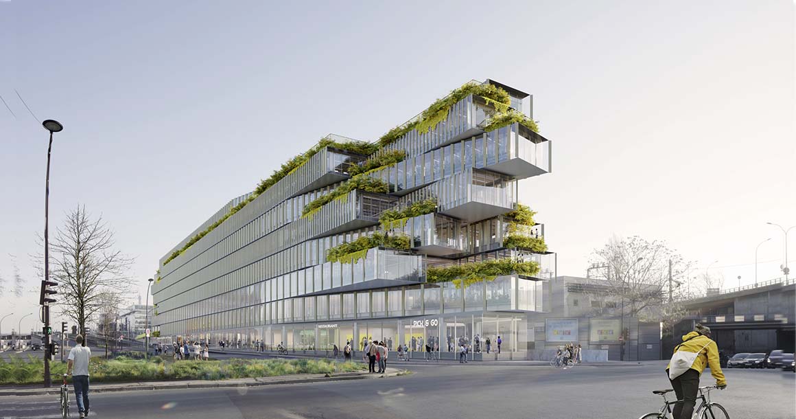 Eda : Le bâtiment Eda, dans le 15e arrondissement de Paris, est conçu comme un lien entre la capitale et Issy-les-Moulineaux afin d’en effacer la frontière. Son architecture représente la reconquête de l’entrée de ville, une articulation destinée à réparer la fracture urbaine. Il s’affiche en outre comme un immeuble paysage dédiée à l’introduction de la biodiversité. (MO : Bouygues Immobilier / MOe : Kengo Kuma & Associates)