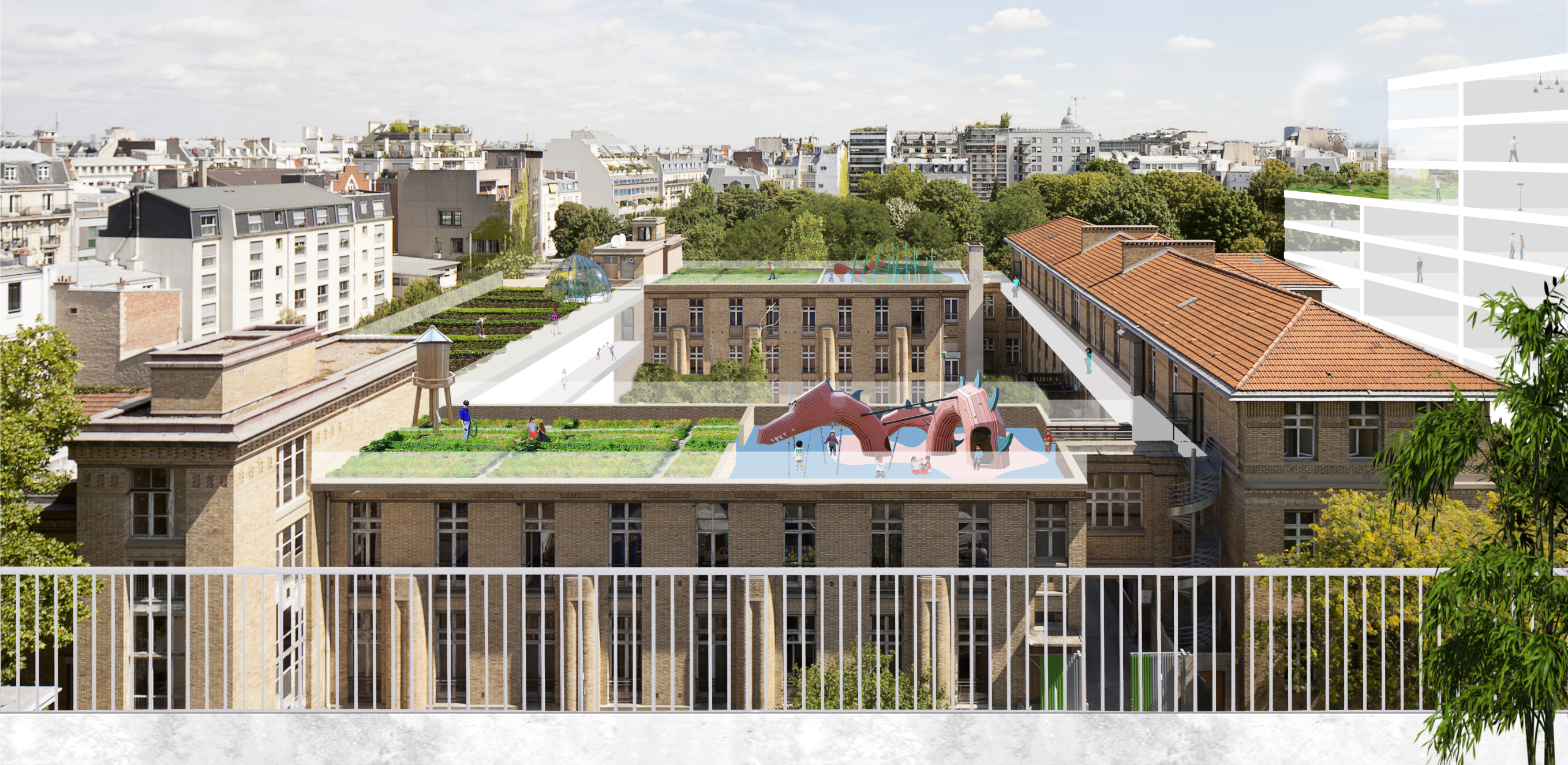 Sur le site Saint-Vincent de Paul à Paris, l’aménageur P&MA envisage une exploitation à 100 % des toits-terrasses. 