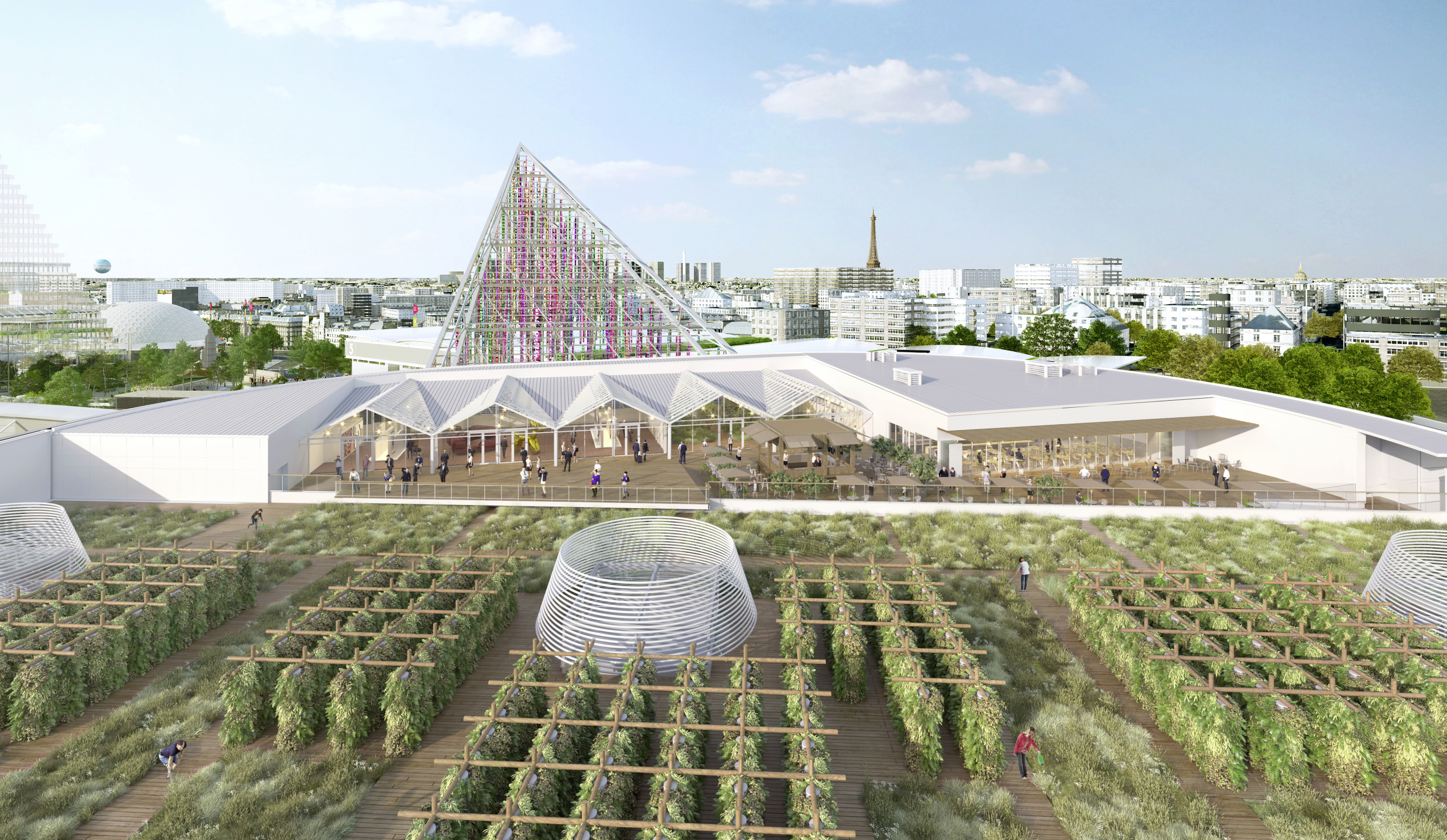 A son achèvement en 2022, la toiture Nature Urbaine du parc des Expositions de la porte de Versailles accueillera 14 000 m² de cultures pour devenir la plus grande ferme urbaine en toiture d'Europe.