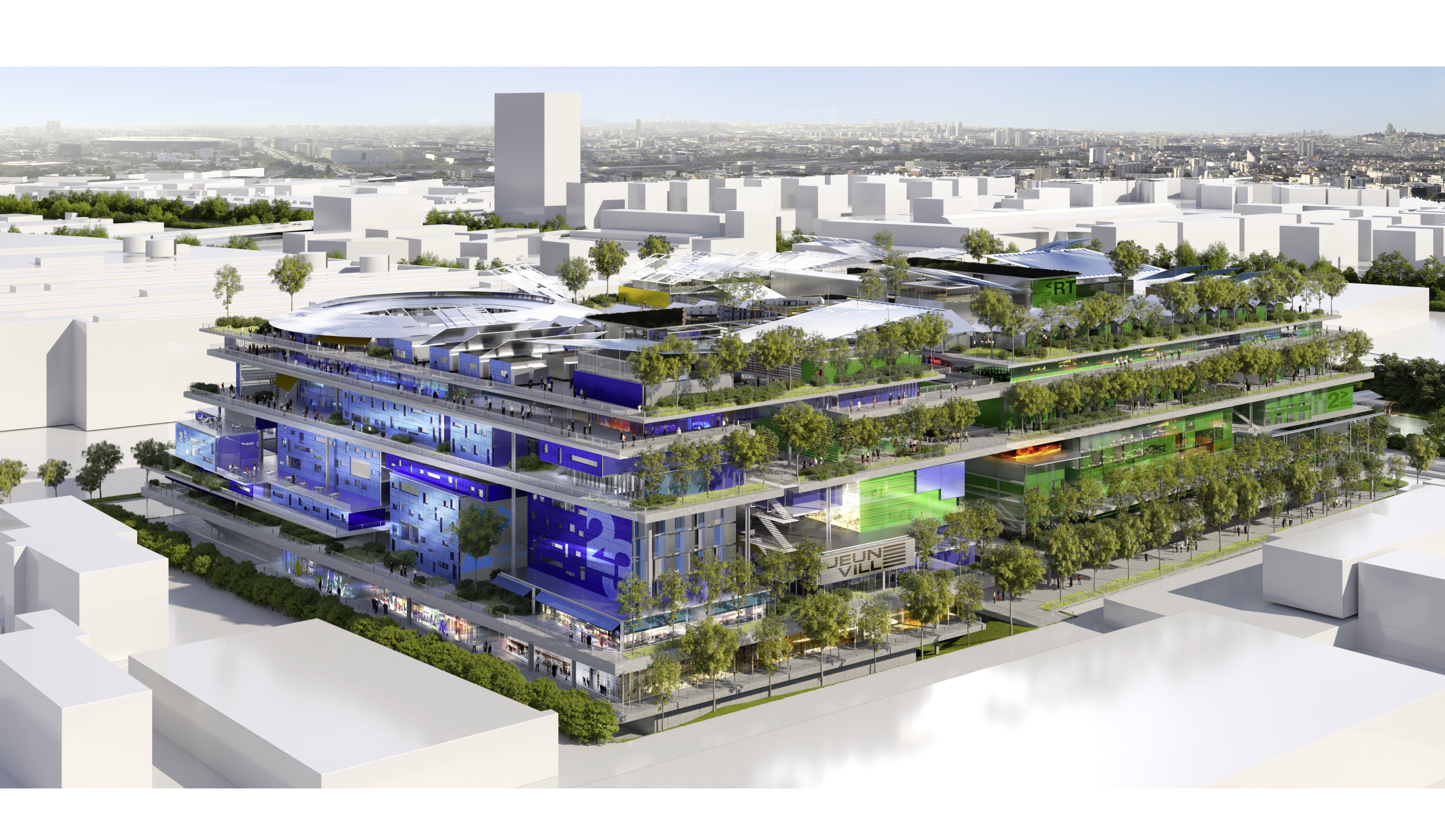 Le projet Jeuneville à Gennevilliers proposera 45 000 m² de bureaux, 26 000 m² d'espaces de coliving, 14 000 m² de résidences étudiantes, 5 000 m² dédiés à l'enseignement, 4 000 m² d'espaces maker/fablab, 2 300 m² de commerces de proximité et 30 000 m² d'espaces publics/verts.